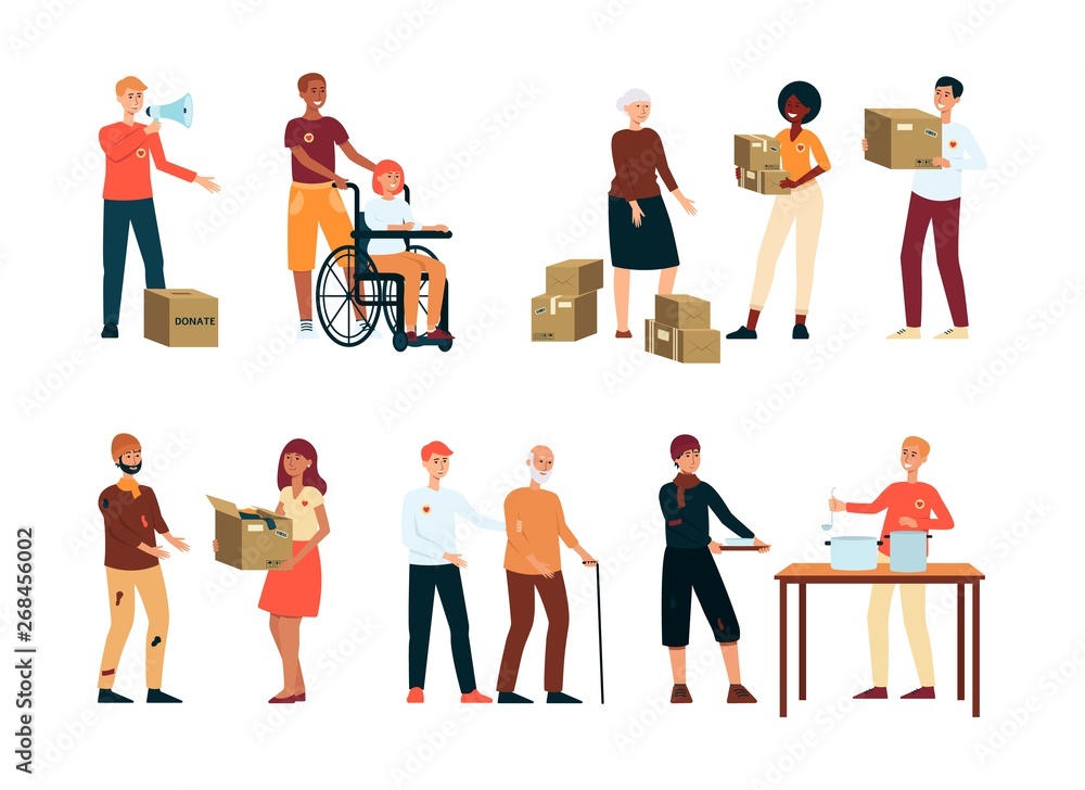 Naklejka premium Volunteers donate to homeless and needy people vector icons set isolated on white.