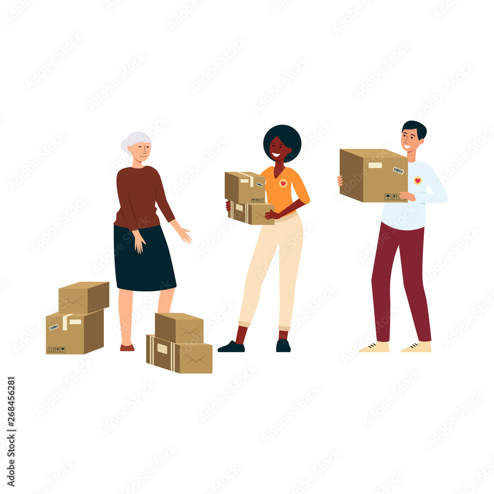 Volunteers provide help to elderly and needy people vector illustration on white. Volunteers provide help to elderly and needy people vector illustration on white.