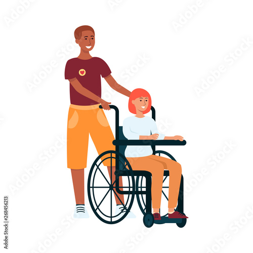 Volunteer helps disabled young woman flat vector illustration isolated on white.