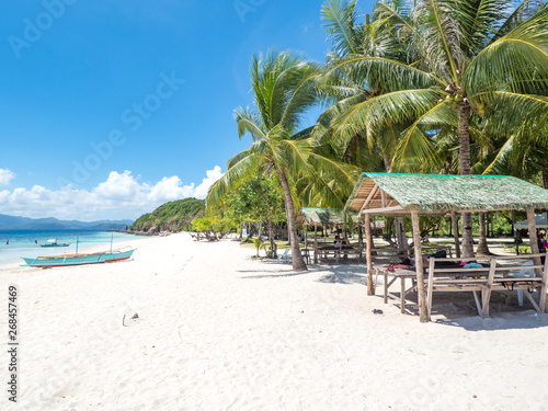 Tropical beach with white sand on the Malcapuya Island  Busuanga  Palawan  Philippines. Beautiful tropical island with sand beach. Travel concept. November  2018
