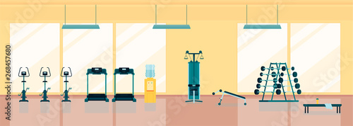 Gym interior with treadmill, abdominal bench and barbells vector illustration.