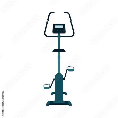 Front view of exercise bike with electronic screen monitor flat cartoon style