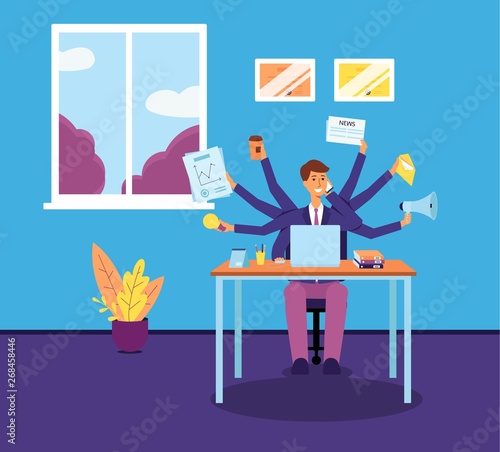 Multitasking business man or manager with several hands flat vector illustration.