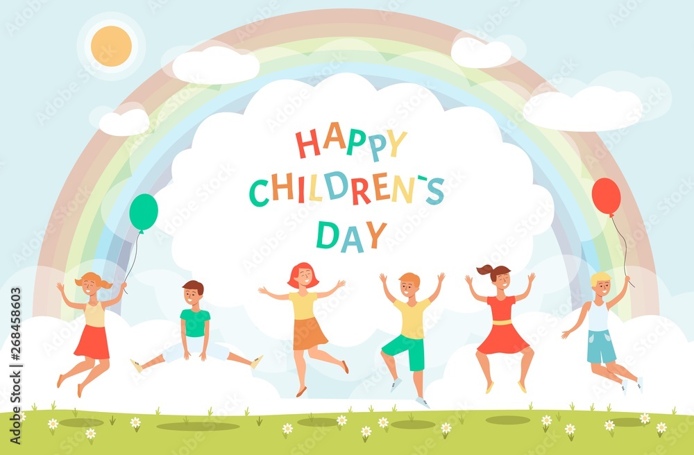 Banner for children's day with happy children jumping flat vector illustration. Banner for children's day with happy children jumping flat vector illustration.