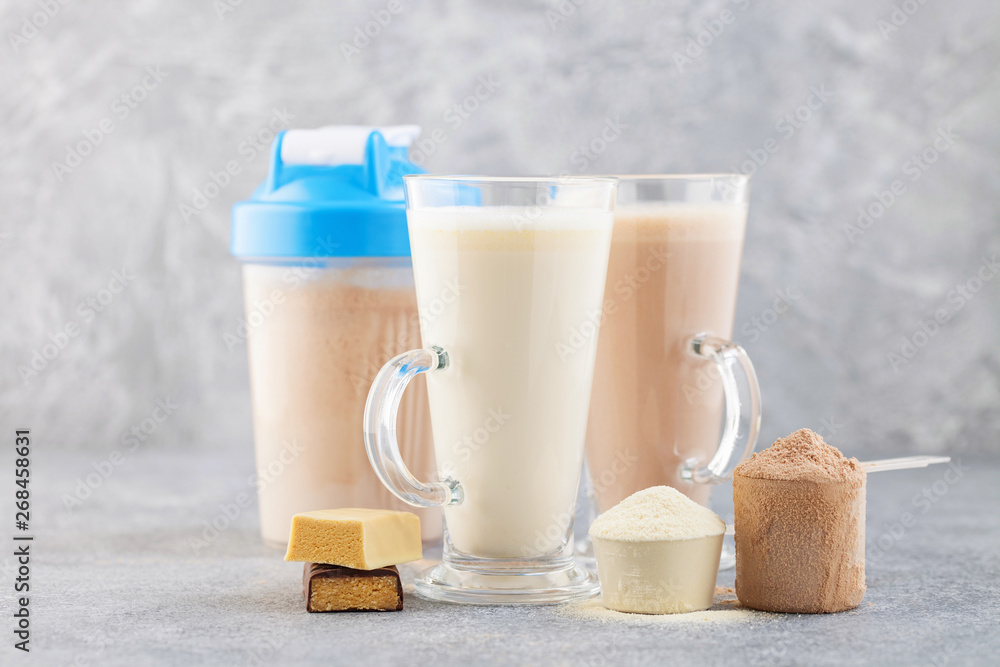 Protein shake bottle, powder and bars Protein shake bottle, powder and bars