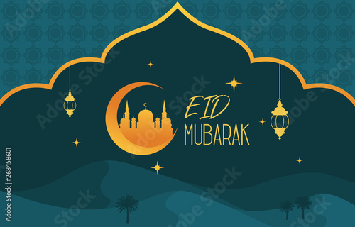 Mosque on Desert with Date Tree Lantern Islamic Illustration of Happy Eid Mubarak