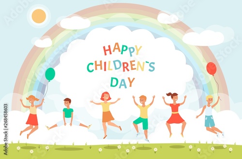 Banner for children's day with happy children jumping flat vector illustration.