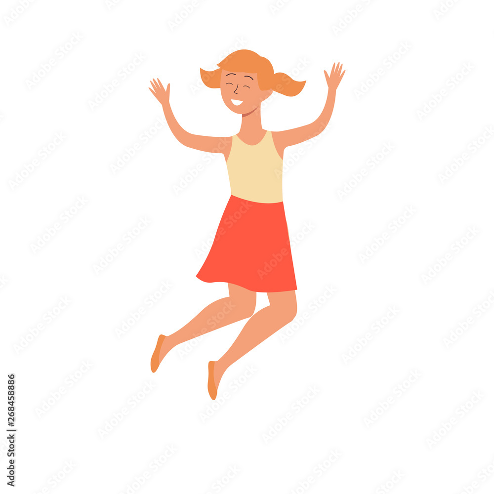 Cute smiling girl jumping flat vector illustration isolated on white background. Cute smiling girl jumping flat vector illustration isolated on white background.