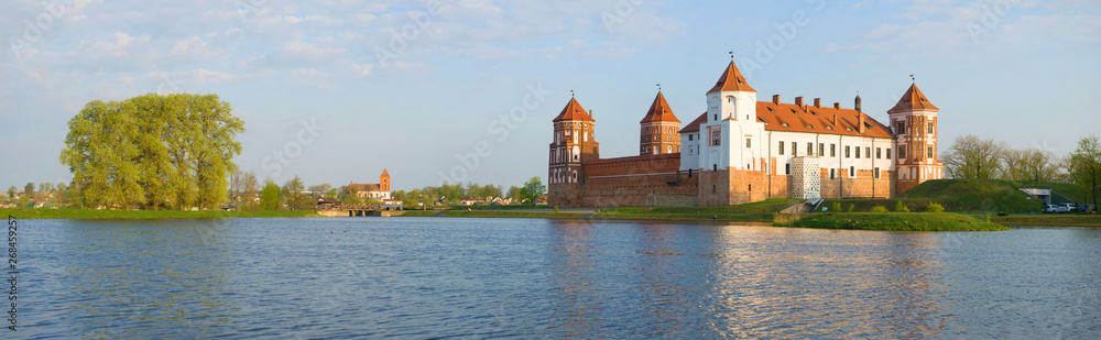 Spring morning panorama with the old Mir Castle. Belarus