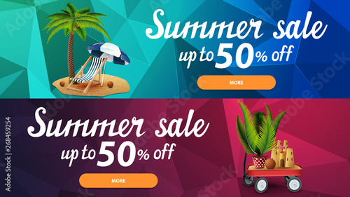 Two discount web banners for summer sales with polygonal texture, palm tree, beach chair, beach umbrella, garden cart with sand, sand castle and potted palm