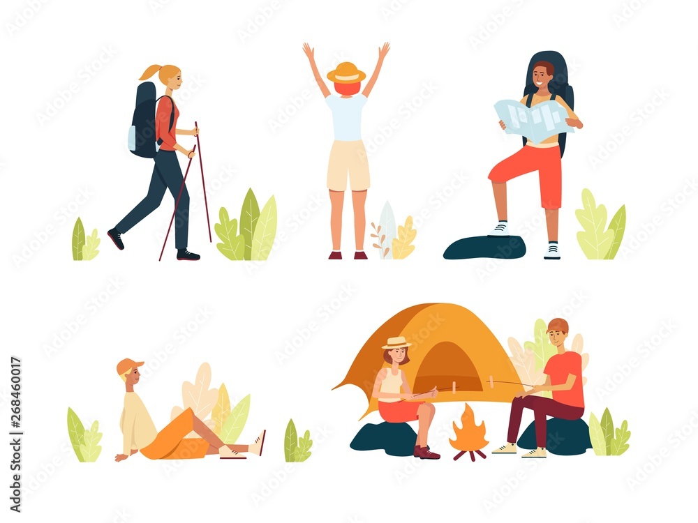 Set of people during hiking and trekking and camping cartoon style