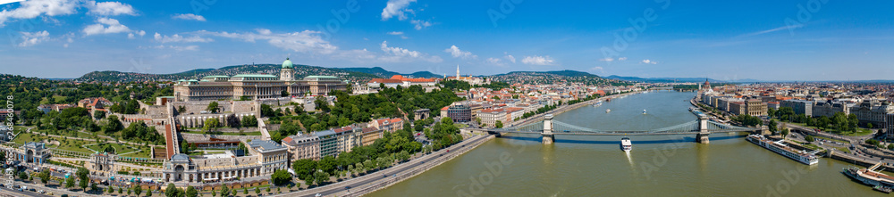 Budapest Castle Chain Bridge and Danube aerial panorama