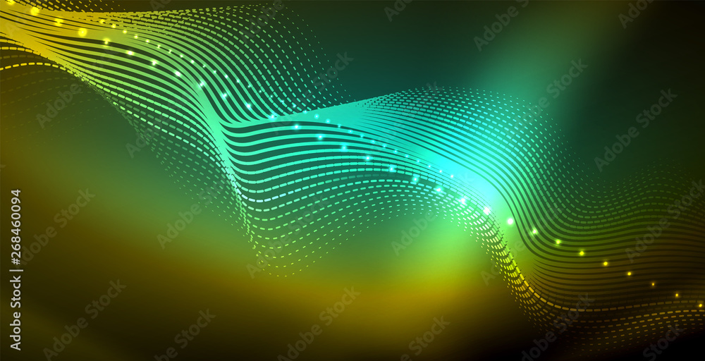 Glowing abstract wave on dark, shiny motion, magic space light. Techno abstract background Glowing abstract wave on dark, shiny motion, magic space light. Techno abstract background