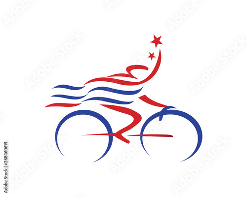 Abstract Patriotic Cyclist Athlete Holding Flag And Star Logo In Isolated White Isolated Background