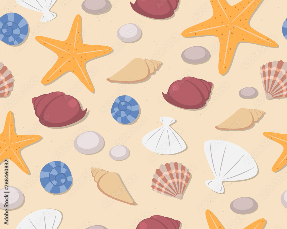 Seamless pattern of seashells and starfish on beach background - Vector illustration