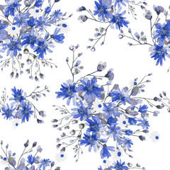Acrylglasbilder Blau-weiße Muster Aquarell Blätter und Blaue Blüten  © Erenai