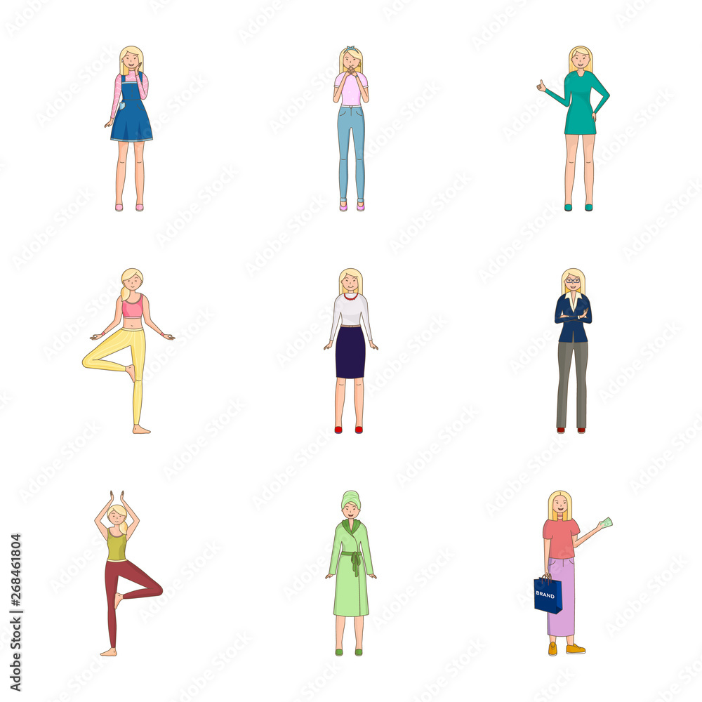 Vector illustration of woman and body sign. Set of woman and style vector icon for stock.