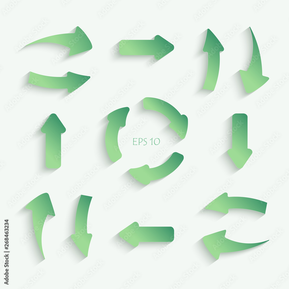 Set of green paper cut arrows in different shapes with realistic shadows. 3d vector illustration for any design purposes. Set of green paper cut arrows in different shapes with realistic shadows. 3d vector illustration for any design purposes.