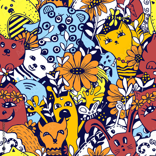 Seamless pattern. Cartoon characters in the style of kawaii with the image of animals, birds and flowers. Design backgrounds, wallpapers, covers, coloring