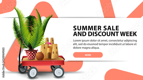 Summer sale and discounts week, modern discount banner with fashionable design for your website with garden cart with sand, sand castle and potted palm