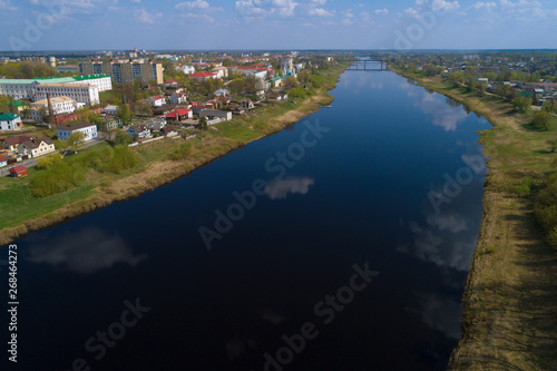 The Western Dvina River in Polotsk on a sunny April day (aerial photography). Belorussia © sikaraha