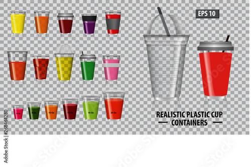 Set of realistic colorfull cup containers, with clear plastic in disposable   cups, for soda, tea, cofee and other cold and hot beverages. easy to modify