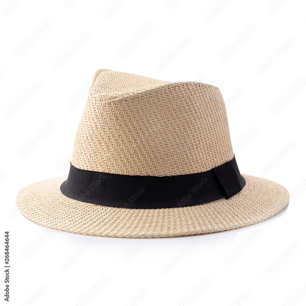 Vintage Straw hat with black ribbon for man isolated over white background.