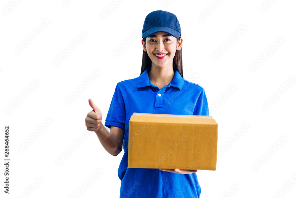 Delivery woman holding cardboard box isolated on white background Delivery woman holding cardboard box isolated on white background