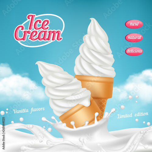 Ice cream ads. Natural frozen ice cream dessert with fruits vector realistic picture template for advertizing placard. Ice cream cone realistic, delicious gelato illustration