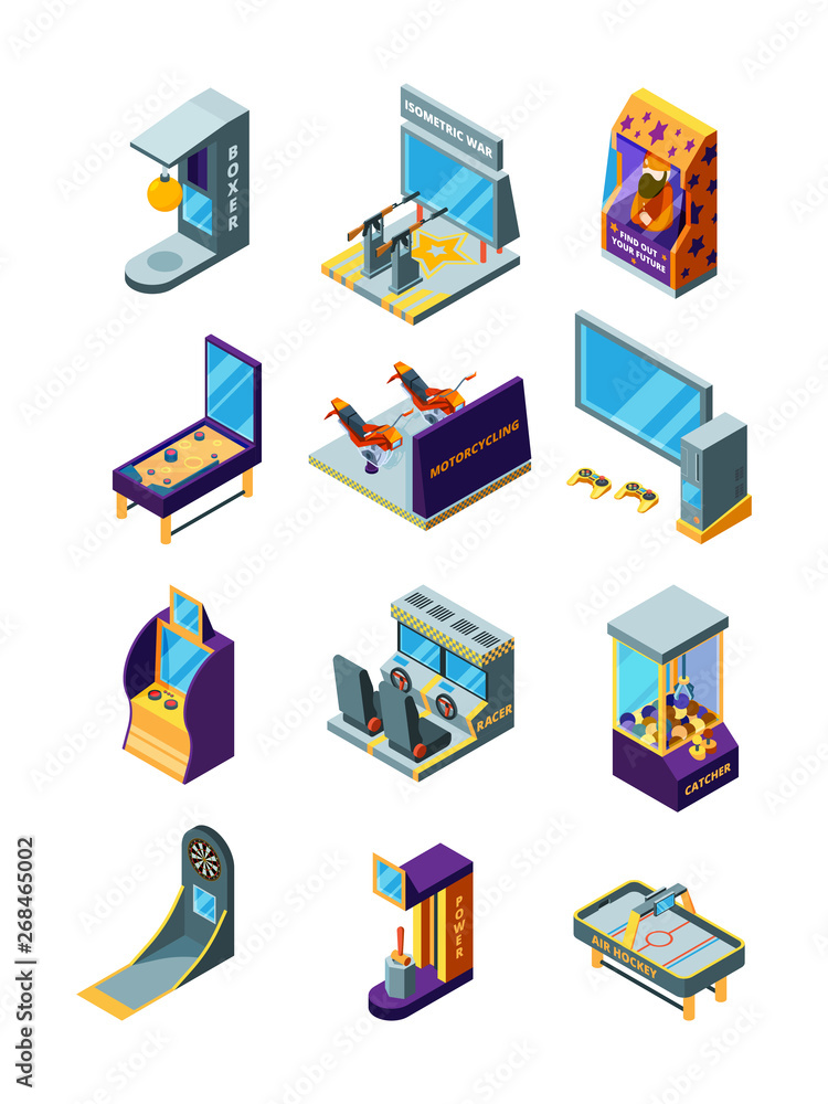 Game machines. Race simulator darts arcade funny games for kids pinball amusement park vector isometric machines. Illustration of video monitor entertainment, arcade and pinball, gameplay boxing Game machines. Race simulator darts arcade funny games for kids pinball amusement park vector isometric machines. Illustration of video monitor entertainment, arcade and pinball, gameplay boxing