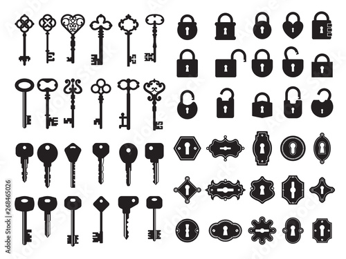 Keys and keyhole. Logo collection of modern and retro house keys secret gate padlock vector badges. Illustration of padlock and key, keyhole silhouette security