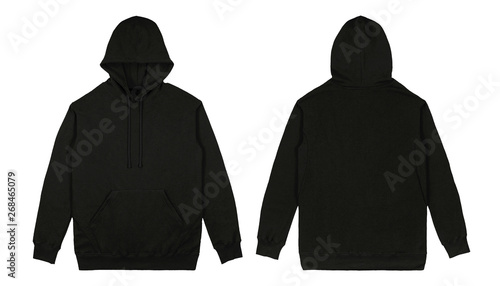 Black pullover hoodie front and back view isolated on white background. 