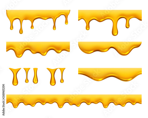Dripping honey. Golden yellow realistic syrup or juice dripping liquid oil splashes vector template. Illustration of golden honey liquid, flow droplet
