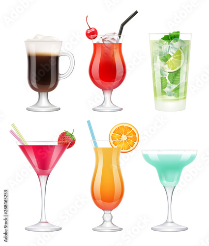 Alcoholic cocktails. Glasses with drinks tropical fruits decorated blue margarita vodka martini vector realistic template. Illustration of cocktail drink, alcohol mojito and margarita in glass