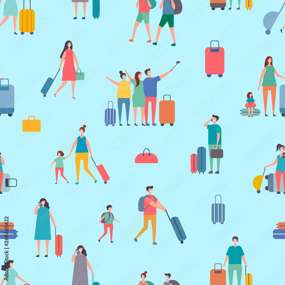 Vector travellers, people with suitcase and bags seamless pattern. Illustration of travel and tourism, vacation people with bag