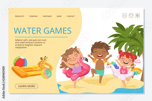 Kids water games vector landing page template. Happy summer kids characters. Illustration of water game on sand beach, kids boy and girl