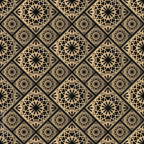 Seamless pattern oriental ornament. Black and golden textile print. Islamic vector design. Floral tiles.