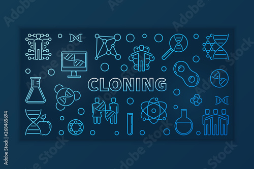 Cloning blue concept thin line banner - vector horizontal linear illustration on dark background