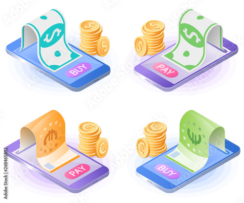 The online cash transaction with smartphone. Smart phone, paper money from the screen, stack of coins. Flat vector isometric illustration set. The mobile banking, paying, purchase, shopping concept.