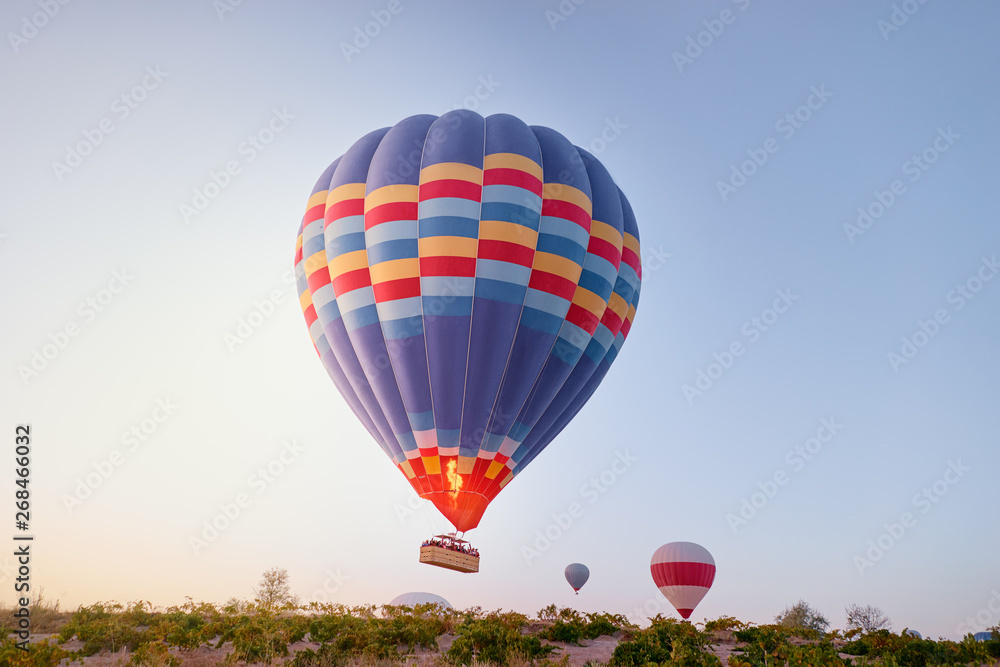Fototapeta premium Travel and tourism by Turkey. Famous sightseeing Cappadocia, Anatolia. Baloons in the sky.