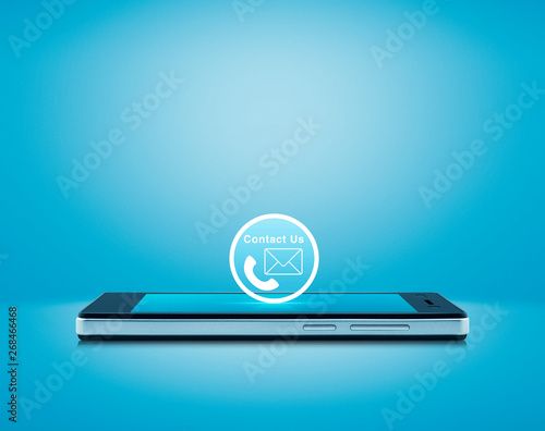 Telephone and email flat icon button on modern smart mobile phone screen over gradient light blue background, Business contact us online concept