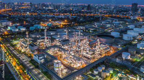 Aerial view oil refinery, refinery plant, refinery factory at night. © Kalyakan