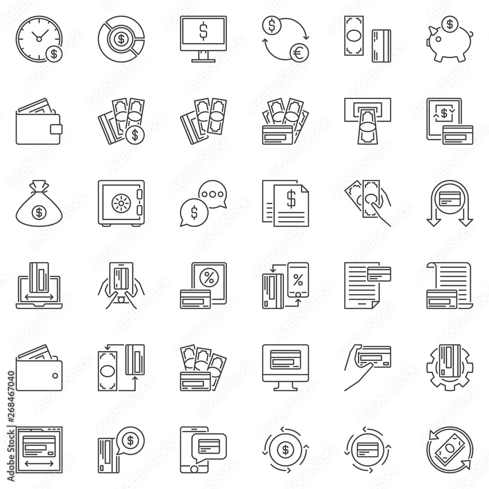 Paying outline icons set - vector money and payment concept symbols in thin line style