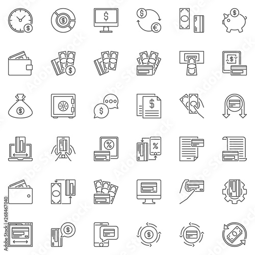Paying outline icons set - vector money and payment concept symbols in thin line style