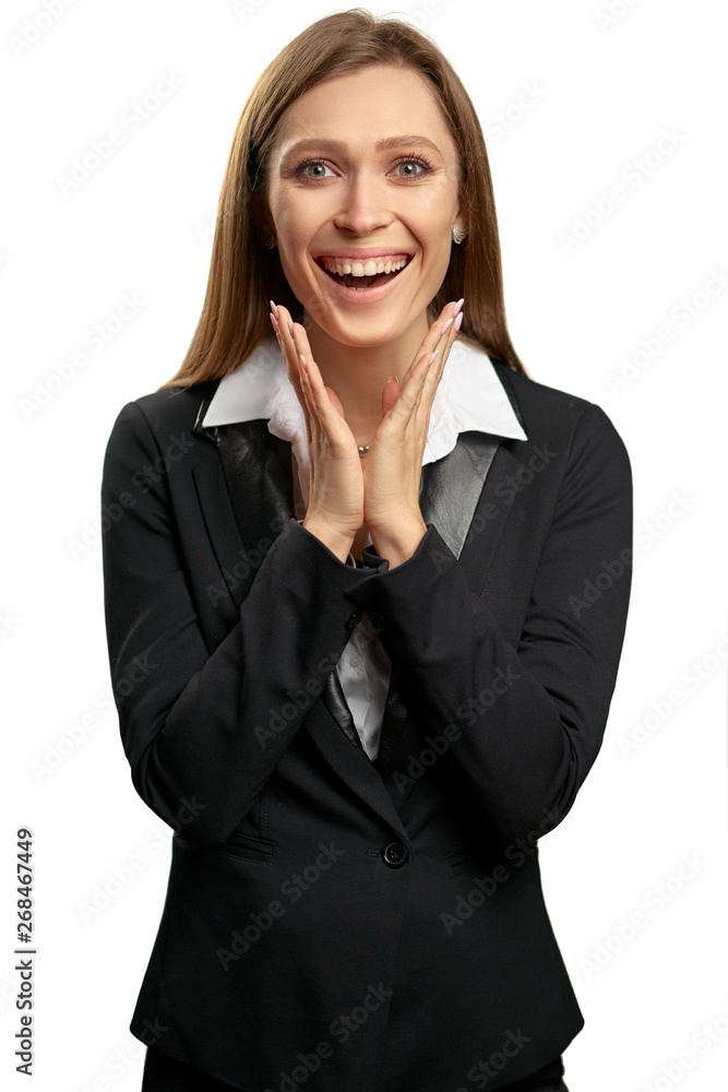 Wow! Shock! Amazed young business woman in black suit. Isolated on white. Wow! Shock! Amazed young business woman in black suit. Isolated on white.