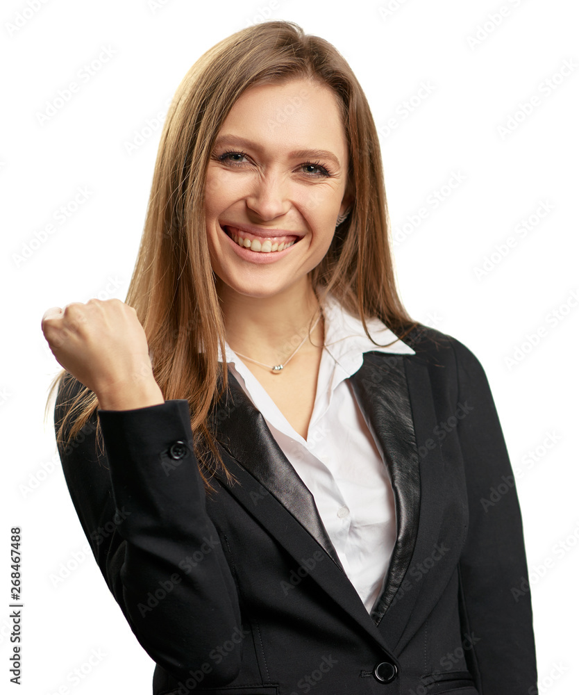 Winner! Excited young smiling business woman keeping arms raised and looking at camera while standing on white background. Winner! Excited young smiling business woman keeping arms raised and looking at camera while standing on white background.