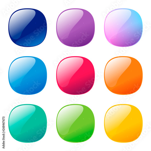 Colorful rounded square glossy buttons set. Vector assets for web or game design, app buttons, icons template isolated on white background.