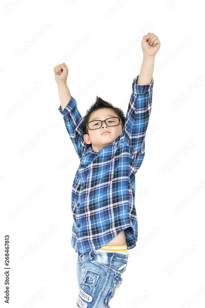 Little boy in glasses raise hands up on white background on isolated Little boy in glasses raise hands up on white background on isolated