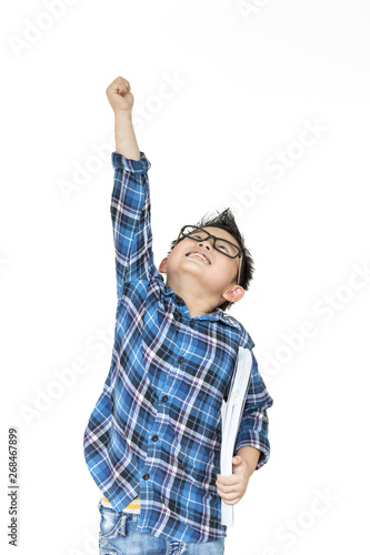 Back to school. Little child in glasses having cheerful when time to school on white background on isolated