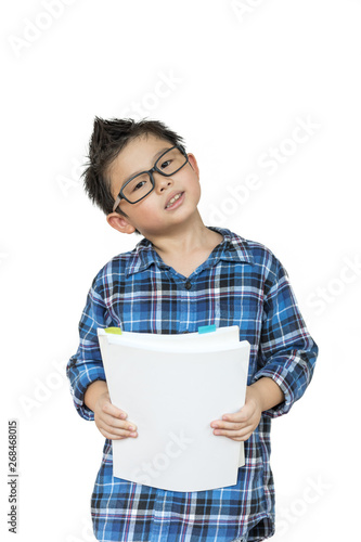 Cute boy waring glasses ready for a classroom on white background on isolated, Back to school